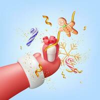 3d Kerstmis de kerstman hand- in rood vuisthandschoen met geschenken. geven Kerstmis kleding handschoenen spandoek. hand- vakantie decoraties voor geschenken. nieuw jaar en Kerstmis viering. realistisch vector illustratie
