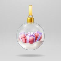 3d glas Kerstmis sneeuw bal met geschenk dozen geïsoleerd. geven Cadeau sneeuw speer bol. gelukkig nieuw jaar decoratie. vrolijk Kerstmis vakantie. nieuw jaar Kerstmis viering. realistisch vector illustratie
