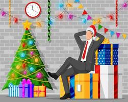 zakenman in de kerstman claus hoed zittend in stack van presenteert. Mens en Kerstmis geschenk dozen. gelukkig nieuw jaar decoratie. vrolijk Kerstmis vakantie. nieuw jaar en Kerstmis viering. vlak vector illustratie