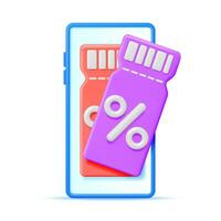 3d coupon met procent symbool en smartphone geïsoleerd. geven korting tegoedbon of coupon. blanco ticket boodschappen doen papier. promotionele aanbod bevestiging. bonus aankoop, geschenk concept. vector illustratie