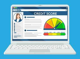 laptop met credit partituur app Aan scherm. credit partituur indicator en peilen in rapport. bank beoordeling meting niveau. schuld bank hulpmiddel. ronde vorm met pijl. vlak vector illustratie