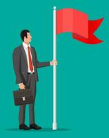 zakenman in pak met aktentas staand met rood vlag. symbool van zege, geslaagd missie, doel en prestatie. bedrijf succes. vlak vector illustratie