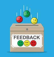 beoordeling doos. beoordelingen glimlacht gezichten. getuigenissen, beoordeling, feedback, vragenlijst, kwaliteit en opnieuw bekijken. vector illustratie in vlak stijl