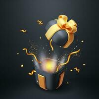 3d Open geschenk doos met gouden confetti. geven kleurrijk verpakt doos. kerstmis. nieuwe, jaar, uitverkoop, winkelen. Cadeau doos met bogen en linten. giftbox valentijn, verjaardag, vakantie. vector illustratie