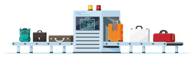 luchthaven veiligheid scanner icoon. transportband riem met passagier bagage. bagage carrousel scannen geïsoleerd Aan wit. pakket röntgenstraal bagage. veiligheid, logistiek en levering. tekenfilm vlak vector illustratie