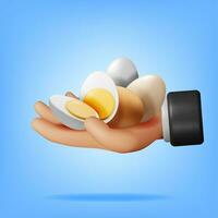 3d gekookt eieren besnoeiing in voor de helft in hand- geïsoleerd. geven tekenfilm ei icoon. zuivel voedsel en boodschap. Pasen mockup concept. realistisch vector illustratie.