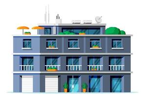 modern appartement gebouw geïsoleerd. buitenkant of facade van klein stad appartement. stedelijk fashioned woon- steen gebouw. met meerdere verdiepingen leven huizen met balkons. vlak vector illustratie