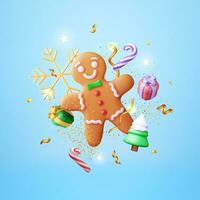 3d vakantie peperkoek Mens koekje en confetti. geven koekje in vorm van Mens met gekleurde glazuur. gelukkig nieuw jaar decoratie. vrolijk Kerstmis vakantie. nieuw jaar Kerstmis viering. vector illustratie