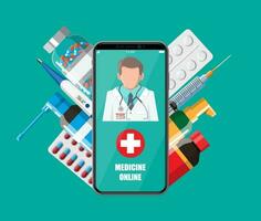 mobiel telefoon met internet apotheek boodschappen doen app. pillen en flessen, geneeskunde online. medisch bijstand, helpen, ondersteuning online. Gezondheid zorg toepassing Aan smartphone. vector illustratie in vlak stijl