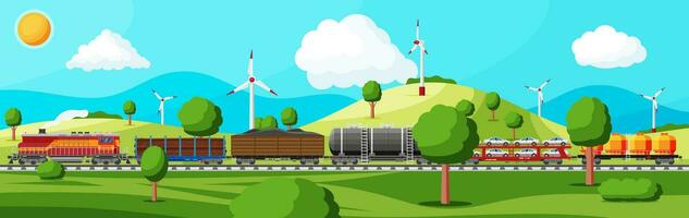 trein met lading wagens, reservoirs, tanks en auto's. spoorweg vracht verzameling. natuur landschap met bomen, heuvels, Woud, wind turbine en wolken. lading het spoor vervoer. vlak vector illustratie