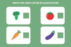 schrijven de eerste brief van elk afbeelding. leerzaam spel voor peuter, kleuterschool of elementair kinderen. vector