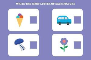 schrijven de eerste brief van elk afbeelding. leerzaam spel voor peuter, kleuterschool of elementair kinderen. vector