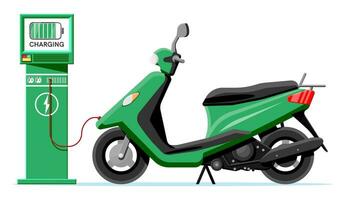 elektrisch scooter en opladen station geïsoleerd. groen modern scooter laadt op batterijen. motor en in rekening brengen station met scherm. eco stad vervoer concept. tekenfilm vlak vector illustratie.