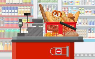 brood producten in boodschappen doen mand uitchecken. supermarkt interieur. geheel graan tarwe en rogge brood, geroosterd brood, krakeling, ciabatta, croissant, bagel, Frans stokbrood, kaneel broodje. vlak vector illustratie