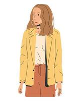 Dames in jasje en broek geïsoleerd. mode brunette meisje. modieus dame in gewoontjes kleren. mooi vrouw karakter Aan wit. modieus levensstijl. tekenfilm vlak vector illustratie