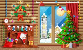 knus interieur van kamer met venster en haard. gelukkig nieuw jaar decoratie. vrolijk Kerstmis vakantie. nieuw jaar en Kerstmis viering. winter landschap, boom, sneeuw, dorp. tekenfilm vlak vector illustratie