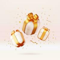 3d geschenk dozen met gouden confetti. geven verpakt doos in goud schitteren. Kerstmis nieuw jaar, uitverkoop, winkelen. Cadeau doos met bogen linten. giftbox voor valentijn, verjaardag, vakantie. vector illustratie