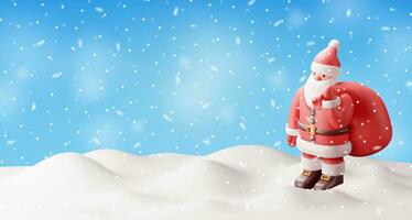 3d de kerstman claus karakter met geschenk zak in sneeuw. geven staand Kerstmis de kerstman. gelukkig nieuw jaar decoratie. vrolijk Kerstmis vakantie. nieuw jaar en Kerstmis viering. realistisch vector illustratie