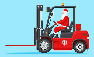 de kerstman claus in leeg rood heftruck. Kerstmis presenteert levering en Verzenden. nieuw jaar decoratie. vrolijk Kerstmis vakantie. nieuw jaar en Kerstmis. vlak vector illustratie