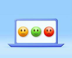 3d klant beoordeling glimlach emoticons checklist in laptop geïsoleerd. geven positief, neutrale en negatief symbolen. getuigenissen beoordeling, feedback, vragenlijst, kwaliteit, opnieuw bekijken. vector illustratie