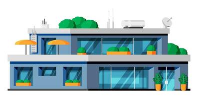 modern energie doeltreffend gebouw geïsoleerd. buitenkant of facade van klein stad appartement. stedelijk fashioned woon- steen gebouw. buitenwijk leven huizen met balkons. vlak vector illustratie