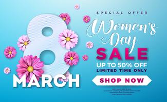 Womens dag verkoop ontwerp met prachtige kleurrijke bloem op blauwe achtergrond vector