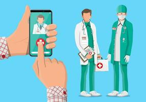 mobiel telefoon met telegeneeskunde app. pillen en flessen, geneeskunde online. medisch bijstand, helpen, steun. dokter met eerste steun uitrusting. Gezondheid zorg toepassing Aan smartphone. vlak vector illustratie