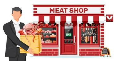 slager winkel op te slaan facade met Mens klant. vlees straat markt. vlees op te slaan kraam vitrine balie. worst plakjes delicatessen gastronomisch Product van rundvlees varkensvlees kip. vlak vector illustratie
