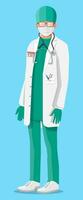 dokter in wit jas met stethoscoop en masker. medisch pak met verschillend pillen en medisch apparaten in zakken. gezondheidszorg, ziekenhuis en medisch diagnostiek. vector illustratie in vlak stijl
