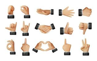 3d reeks van realistisch handen gebaren in tekenfilm stijl. geven menselijk hand- shows verschillend gebaren symbolen. verzameling van hand- tekens. liefde, wijzend, OK, vrede, duimen enz. vector illustratie