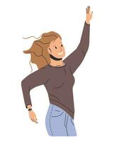 gelukkig vrouw in gewoontjes kleren jumping geïsoleerd. jong glimlachen jumping vrouw karakter. meisje springen met handen omhoog. dame verheugt of vieren, positief emoties of succes. vlak vector illustratie