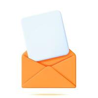 3d document vel in geel envelop geïsoleerd. wit papier blanco en mail envelop. post- bericht, post mail, uitnodiging, nieuws, e-mail concept. bedrijf correspondentie document. vector illustratie