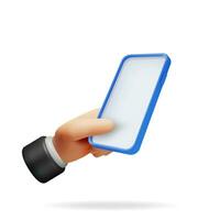 3d realistisch hand- Holding smartphone met leeg scherm. voorkant visie slim telefoon in hand- mockup veroorzaken. 3d telefoon blauw kleur. modern mobiel apparaatje apparaat icoon. vector illustratie