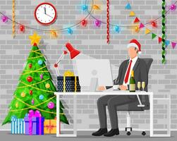 Kerstmis en nieuw jaar kantoor bureau werkruimte interieur. geschenk doos, Kerstmis boom, stoel, computer pc, klokken. bedrijf mensen. nieuw jaar decoratie. vrolijk Kerstmis Kerstmis. vlak vector illustratie