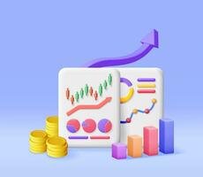 3d financieel rapporten met contant geld geld en grafiek. geven voorraad taart shows groei. financieel gegevens analyse, bedrijf Onderzoek, financieel markt handel. geld en bankieren. vector illustratie