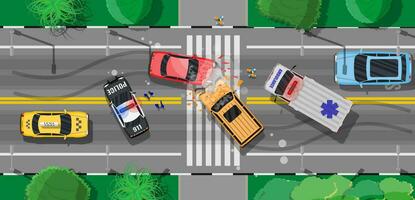 weg ongeluk tussen twee auto's. gebroken Vleugels bumpers crashte ramen. stad asfalt kruispunt markeren, looppaden. rotonde weg knooppunt. verkeer voorschriften. reglement van weg. vlak vector illustratie