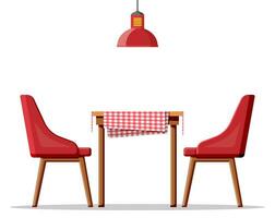 houten tafel met tafelkleed, twee stoelen en lamp. modern dining kamer meubilair geïsoleerd Aan wit. huis, cafe of restaurant. tekenfilm vlak vector illustratie.