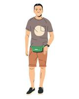 Mens met riem zak in shorts en t-shirt geïsoleerd. elegant vent met fanny pak. mannetje karakter in modieus gewoontjes kleren. hipster in bruin korte broek. buik pak of heuptasje. tekenfilm vlak vector illustratie