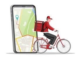 smartphone met app en Mens rijden fiets met de doos. concept van snel levering in de stad. mannetje koerier met pakket doos Aan zijn terug met goederen en producten. tekenfilm vlak vector illustratie