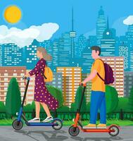 jong vrouw en Mens Aan trap scooter. meisje en vent met rugzak rollend Aan elektrisch scooter. hipster karakter toepassingen modern stedelijk vervoer. ecologisch stad vervoer. vlak vector illustratie