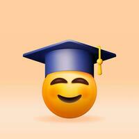 3d gelukkig glimlachen emoticon in afstuderen pet geïsoleerd. geven glimlach leerling in diploma uitreiking hoed. baret hoed met kwast. opleiding, mate ceremonie concept. vector illustratie