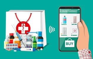 hand- Holding mobiel telefoon met internet apotheek boodschappen doen app. zak met pillen drugs. medisch bijstand, helpen, ondersteuning online. Gezondheid zorg toepassing Aan smartphone. vector illustratie in vlak stijl