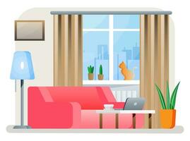 interieur van modern leven kamer. bank, plant, bureau met laptop, lamp. kat zittend Aan venster met gordijnen. huis decor in minimalistisch ontwerp. vlak stijl vector