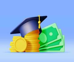 3d diploma uitreiking pet met goud munt en dollar bankbiljetten geïsoleerd. geven contant geld geld voor opleiding, spaargeld en investering concept. academisch en school- kennis. realistisch vector illustratie