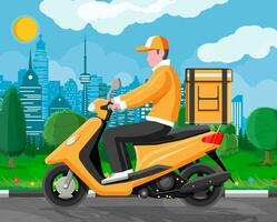 levering Mens rijden motor scooter met de doos. concept van snel levering in de stad. mannetje koerier met pakket doos Aan zijn terug met goederen, voedsel en producten. tekenfilm vlak vector illustratie