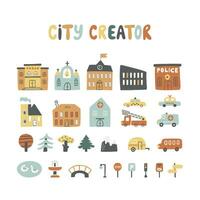 stad Schepper met huizen, auto's, dieren, bomen, weg tekens en enz. vector
