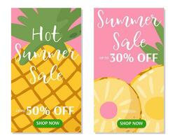 heet zomer uitverkoop folder met ananas achtergrond. reeks van vector kaarten met tropisch fruit en korting. voor banier, poster, folder, sociaal media, verhalen. tekenfilm vlak stijl.