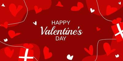 gelukkig valentijnsdag dag banier achtergrond. hand- getrokken vector met hart elementen, geschenk doos. rood kleur ontwerp voor groet kaarten, affiches, sociaal media.
