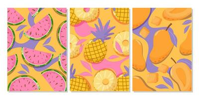 reeks van pret helder tropisch fruit achtergronden. watermeloen, ananas, mango. zomer vitamine abstract vector illustratie voor banier, poster, folder, fruit winkel, sociaal media