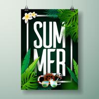 Vector zomertijd vakantie typografische illustratie op palm verlaat achtergrond.